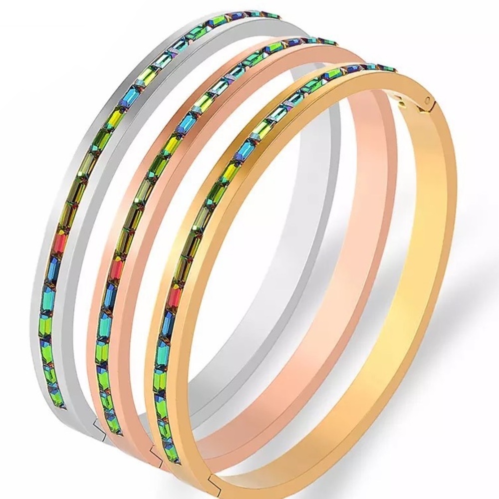 Women Colorful Crystal Row Bangle Stainless Bracelet